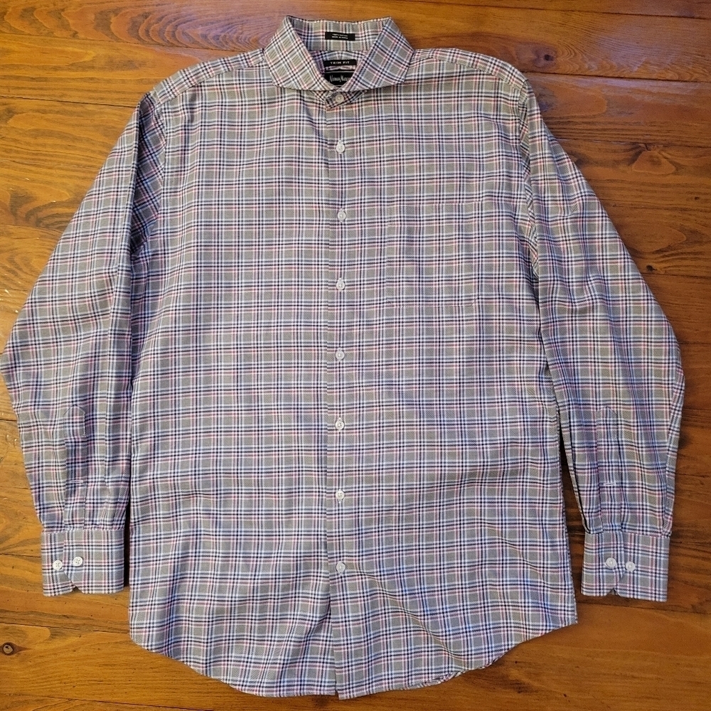 Neiman Marcus Mens Check Pattern Gray Blue Red Casual Shirt. Size 16 34/35‎